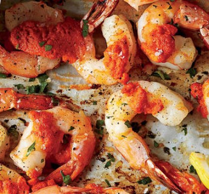 Grill Prawns with speedy Romesco sauce 